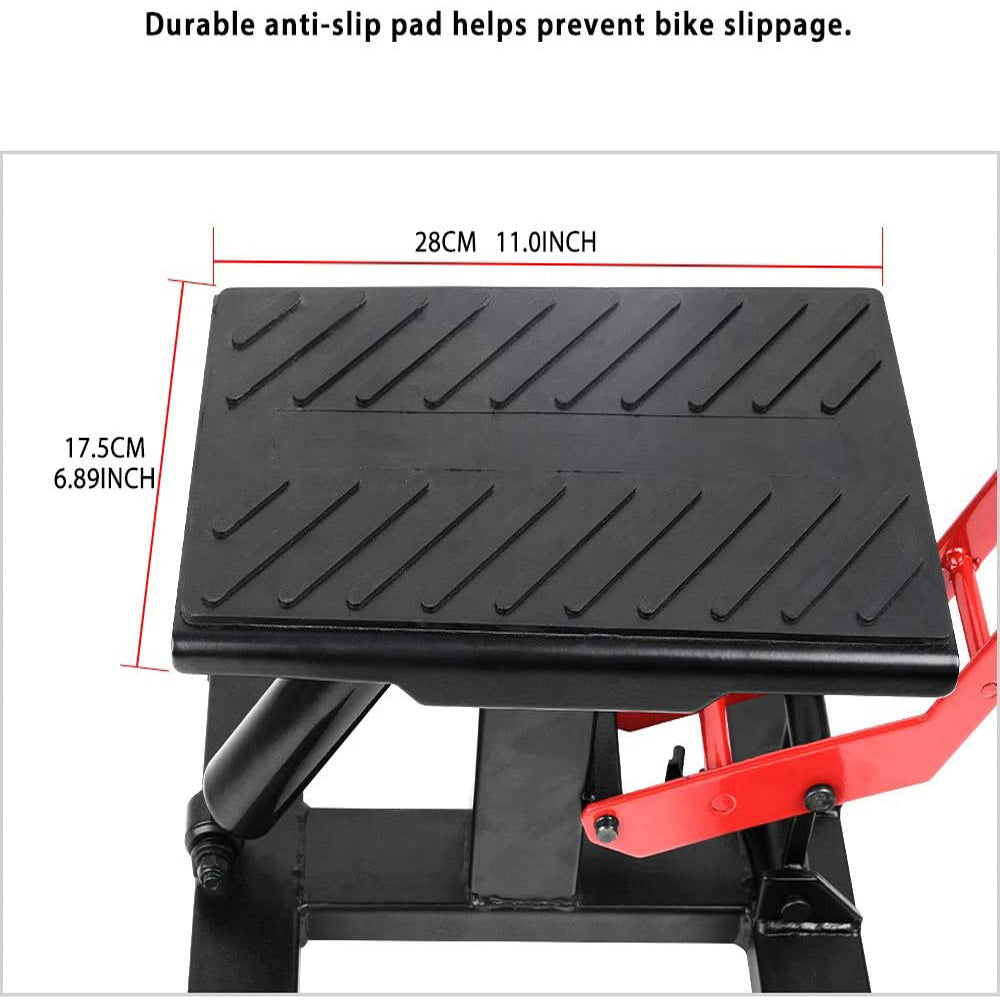 A Motorcycle Jack Dirt Bike Stand Adjustable Lift Hoist Table Height Lifting Stand with a red handle and a hydraulic jack. The platform features an anti-slip pad, and the base has wide, sturdy feet for stability. This durable design ensures reliable performance during maintenance tasks.