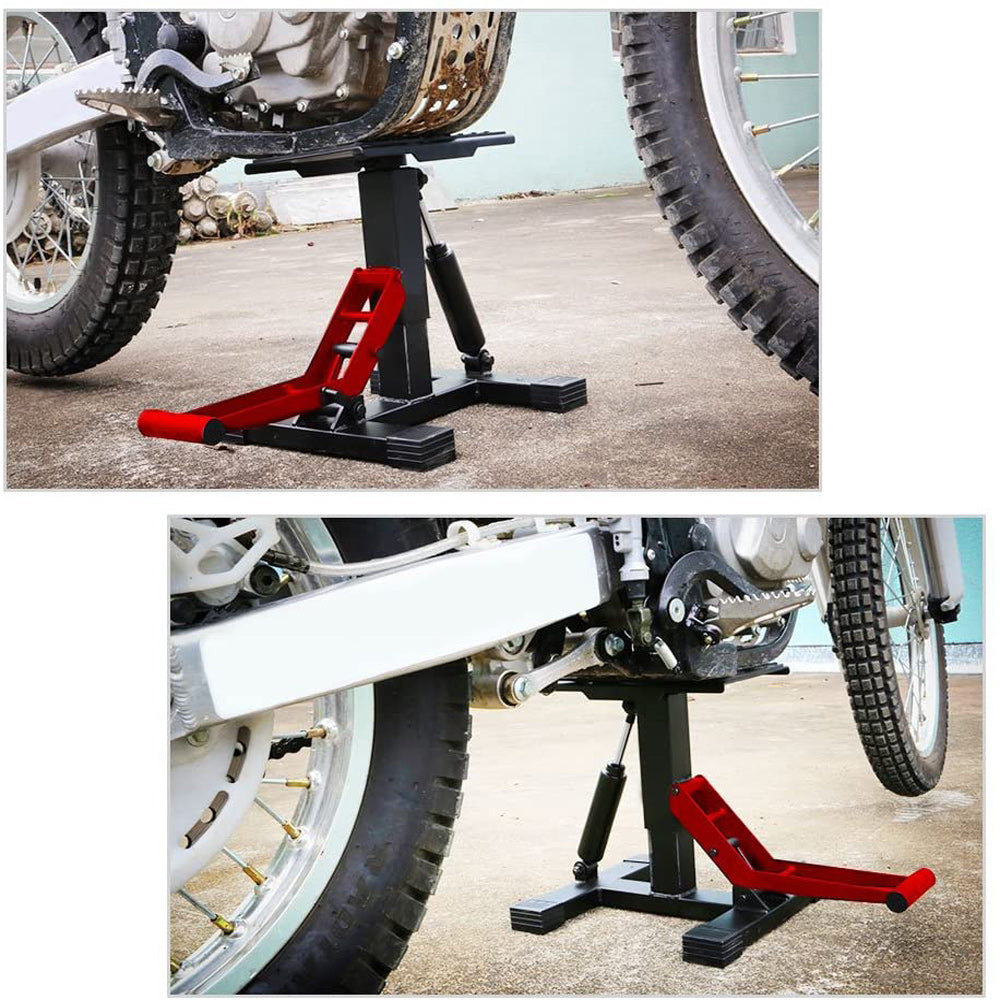 A Motorcycle Jack Dirt Bike Stand Adjustable Lift Hoist Table Height Lifting Stand with a red handle and a hydraulic jack. The platform features an anti-slip pad, and the base has wide, sturdy feet for stability. This durable design ensures reliable performance during maintenance tasks.