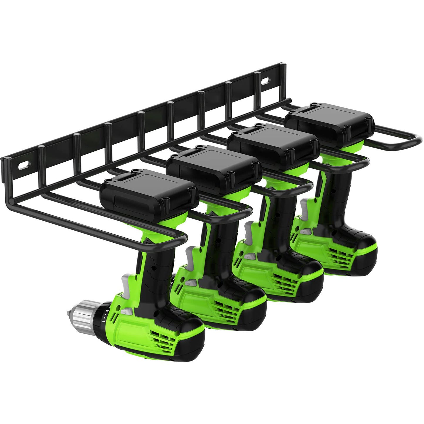 Four green and black cordless drills are hanging on a Power Tool Tools Organizer Drill Holder Wall Mount Drill Rack Garage Storage Drill Organizer. Each drill has its own slot, keeping the tools organized and accessible. The drills are equipped with battery packs.