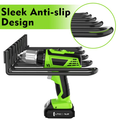 Four green and black cordless drills are hanging on a Power Tool Tools Organizer Drill Holder Wall Mount Drill Rack Garage Storage Drill Organizer. Each drill has its own slot, keeping the tools organized and accessible. The drills are equipped with battery packs.