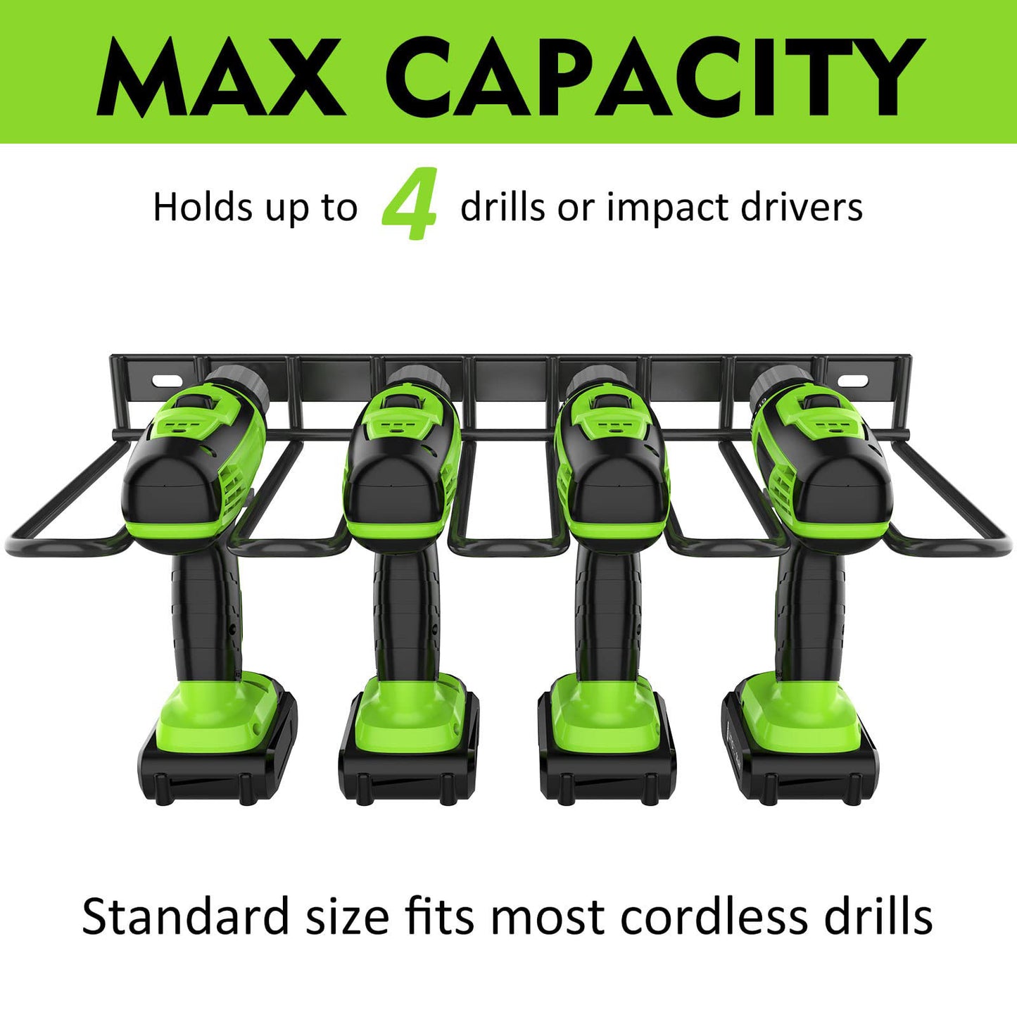 Four green and black cordless drills are hanging on a Power Tool Tools Organizer Drill Holder Wall Mount Drill Rack Garage Storage Drill Organizer. Each drill has its own slot, keeping the tools organized and accessible. The drills are equipped with battery packs.