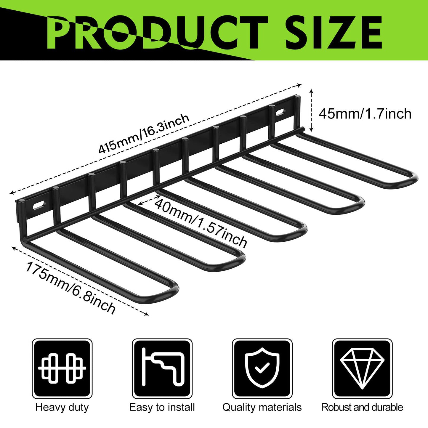 Four green and black cordless drills are hanging on a Power Tool Tools Organizer Drill Holder Wall Mount Drill Rack Garage Storage Drill Organizer. Each drill has its own slot, keeping the tools organized and accessible. The drills are equipped with battery packs.