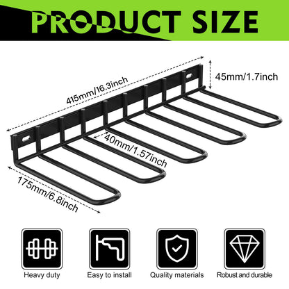 Four green and black cordless drills are hanging on a Power Tool Tools Organizer Drill Holder Wall Mount Drill Rack Garage Storage Drill Organizer. Each drill has its own slot, keeping the tools organized and accessible. The drills are equipped with battery packs.