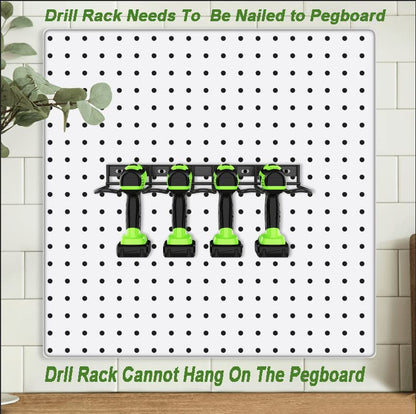 Four green and black cordless drills are hanging on a Power Tool Tools Organizer Drill Holder Wall Mount Drill Rack Garage Storage Drill Organizer. Each drill has its own slot, keeping the tools organized and accessible. The drills are equipped with battery packs.