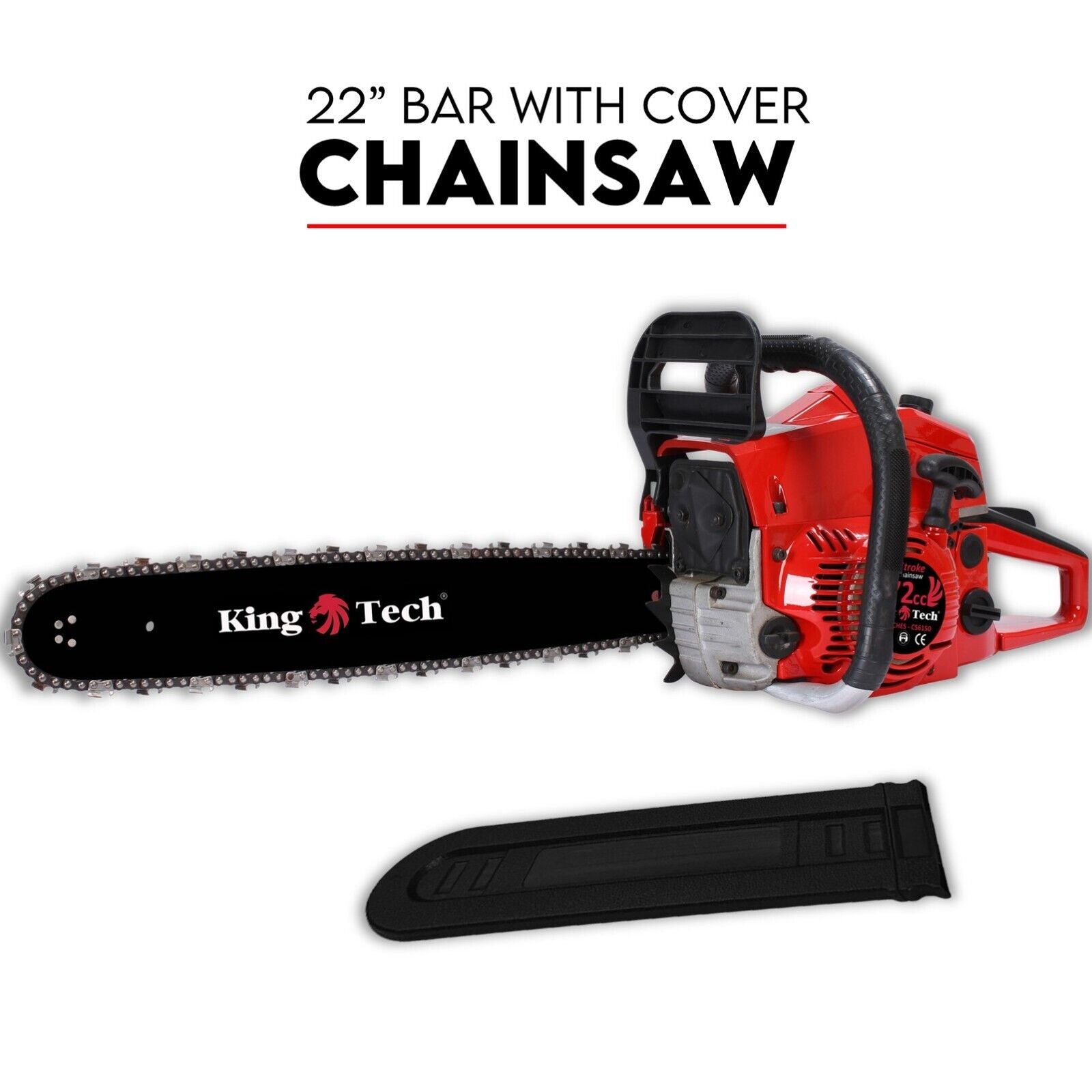 A Commercial Petrol Chainsaw with a 22-inch bar and chain, presented in striking red and black colors, is showcased against a white background. Positioned below the 72cc tree pruning top handle chainsaw is a matching black protective cover for the bar. The text above this ergonomic lightweight tool reads, "22” Bar with Cover Chainsaw.