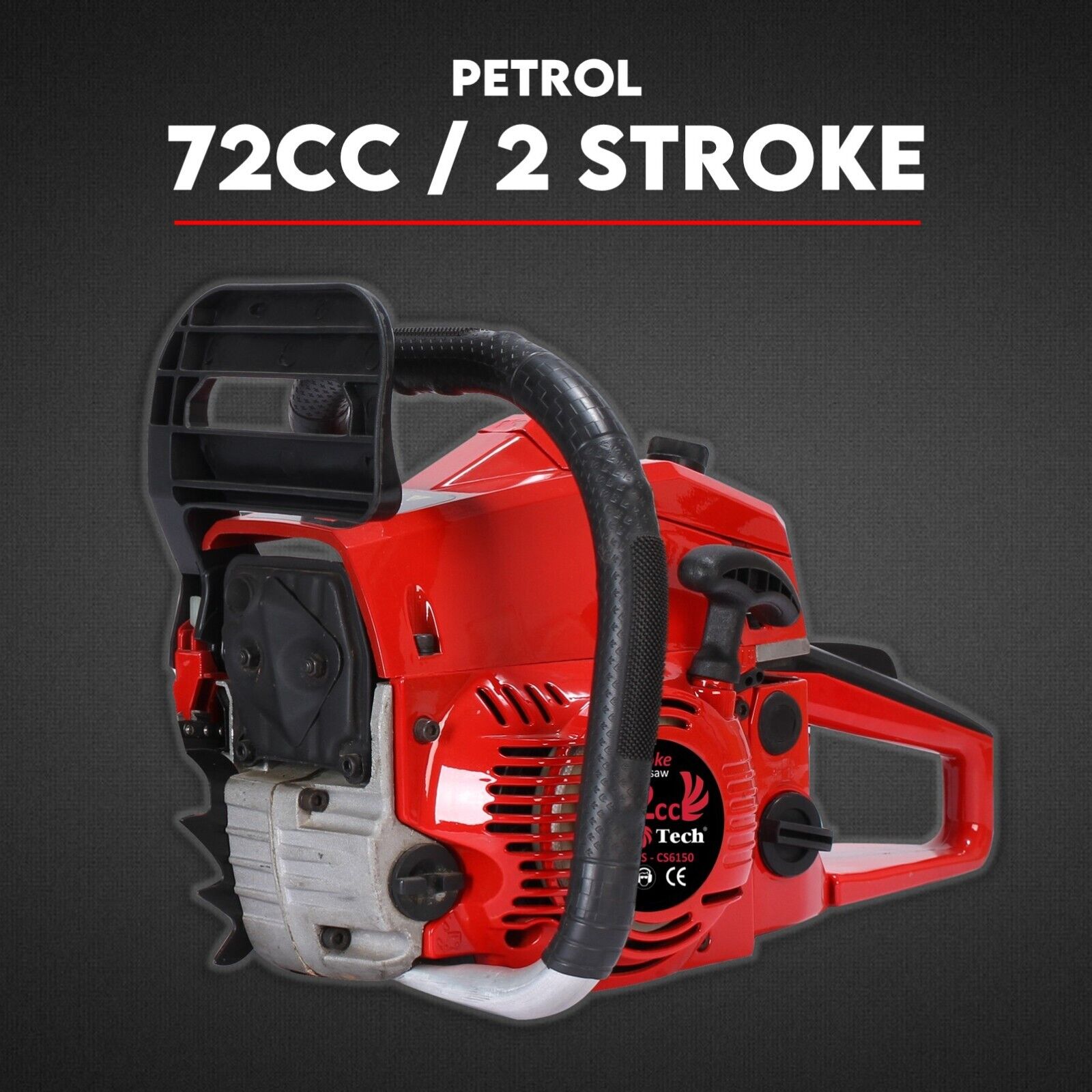 A Commercial Petrol Chainsaw with a 22-inch bar and chain, presented in striking red and black colors, is showcased against a white background. Positioned below the 72cc tree pruning top handle chainsaw is a matching black protective cover for the bar. The text above this ergonomic lightweight tool reads, "22” Bar with Cover Chainsaw.