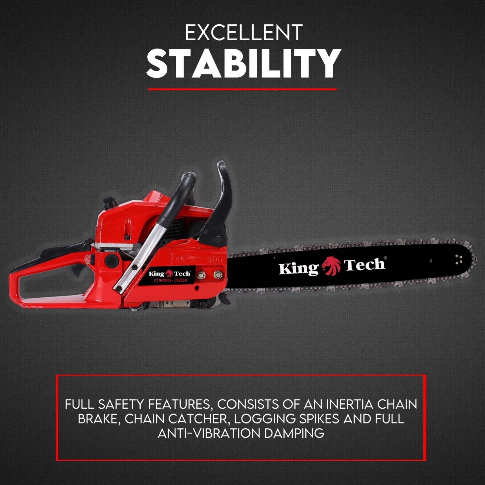 A Commercial Petrol Chainsaw with a 22-inch bar and chain, presented in striking red and black colors, is showcased against a white background. Positioned below the 72cc tree pruning top handle chainsaw is a matching black protective cover for the bar. The text above this ergonomic lightweight tool reads, "22” Bar with Cover Chainsaw.