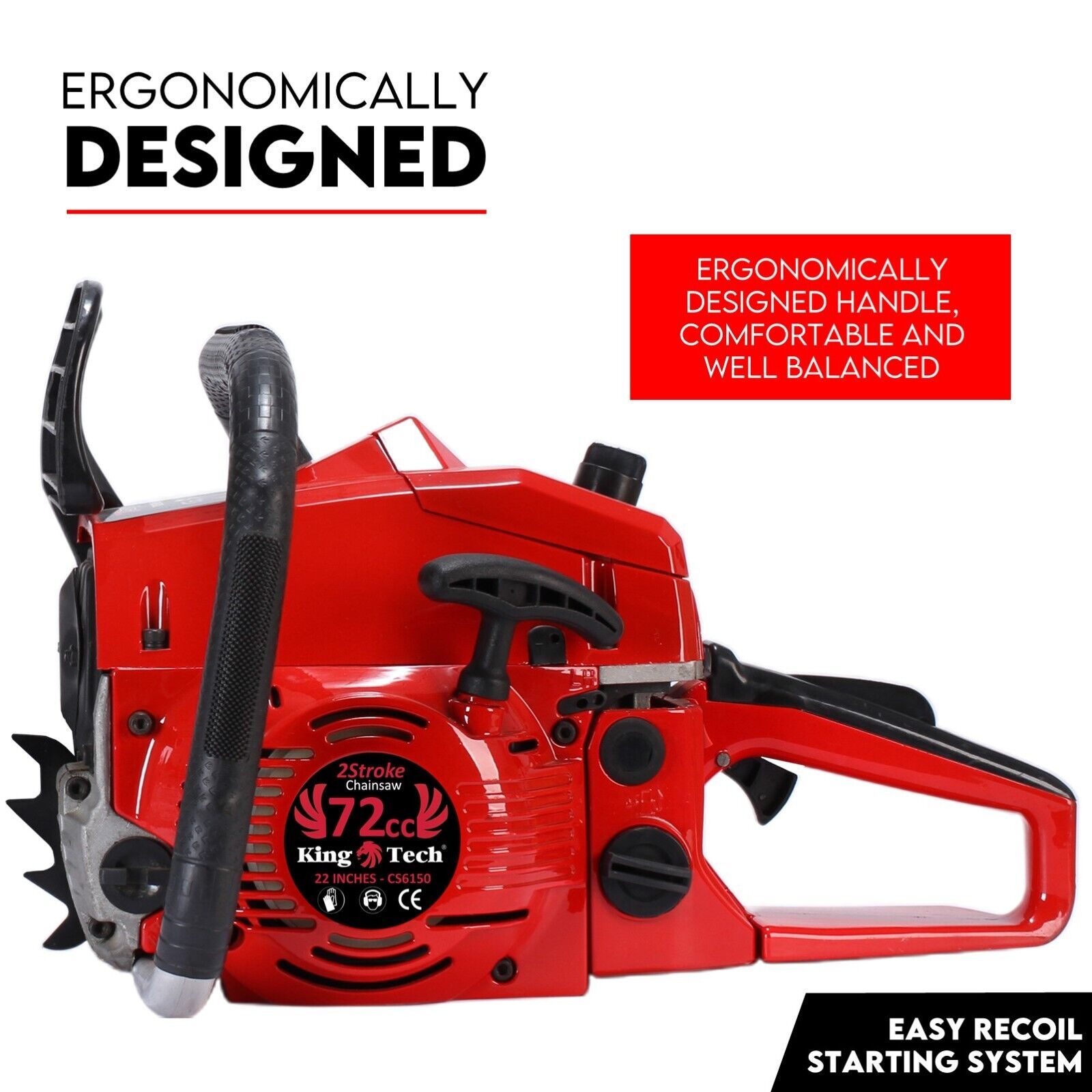 A Commercial Petrol Chainsaw with a 22-inch bar and chain, presented in striking red and black colors, is showcased against a white background. Positioned below the 72cc tree pruning top handle chainsaw is a matching black protective cover for the bar. The text above this ergonomic lightweight tool reads, "22” Bar with Cover Chainsaw.