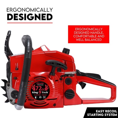 A Commercial Petrol Chainsaw with a 22-inch bar and chain, presented in striking red and black colors, is showcased against a white background. Positioned below the 72cc tree pruning top handle chainsaw is a matching black protective cover for the bar. The text above this ergonomic lightweight tool reads, "22” Bar with Cover Chainsaw.