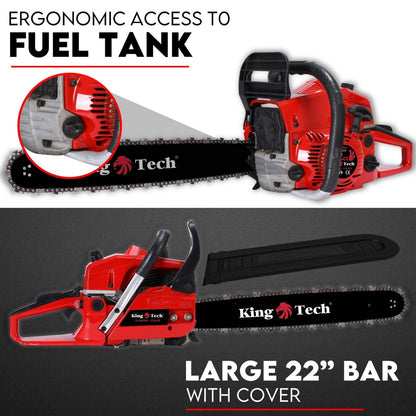 A Commercial Petrol Chainsaw with a 22-inch bar and chain, presented in striking red and black colors, is showcased against a white background. Positioned below the 72cc tree pruning top handle chainsaw is a matching black protective cover for the bar. The text above this ergonomic lightweight tool reads, "22” Bar with Cover Chainsaw.