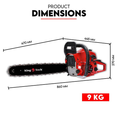 A Commercial Petrol Chainsaw with a 22-inch bar and chain, presented in striking red and black colors, is showcased against a white background. Positioned below the 72cc tree pruning top handle chainsaw is a matching black protective cover for the bar. The text above this ergonomic lightweight tool reads, "22” Bar with Cover Chainsaw.