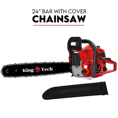 A red and black 24" chainsaw with a 24-inch bar is shown, branded "King Tech" on the blade. This powerful Kingtech 72cc chainsaw also features a protective bar cover placed below it. The text at the top reads, "Commercial Petrol Chainsaw 24” Bar Chain Saw Tree Pruning Top Handle" in bold letters.