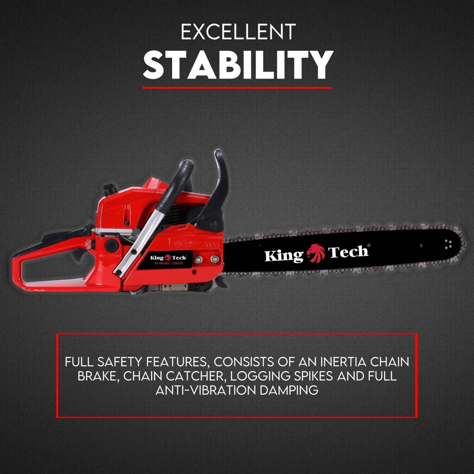 A red and black 24" chainsaw with a 24-inch bar is shown, branded "King Tech" on the blade. This powerful Kingtech 72cc chainsaw also features a protective bar cover placed below it. The text at the top reads, "Commercial Petrol Chainsaw 24” Bar Chain Saw Tree Pruning Top Handle" in bold letters.