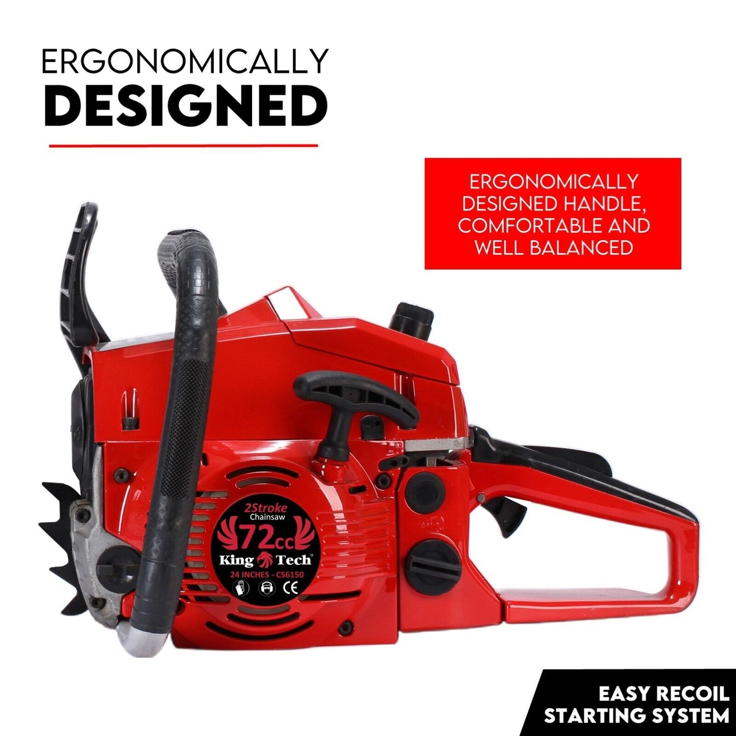 A red and black 24" chainsaw with a 24-inch bar is shown, branded "King Tech" on the blade. This powerful Kingtech 72cc chainsaw also features a protective bar cover placed below it. The text at the top reads, "Commercial Petrol Chainsaw 24” Bar Chain Saw Tree Pruning Top Handle" in bold letters.