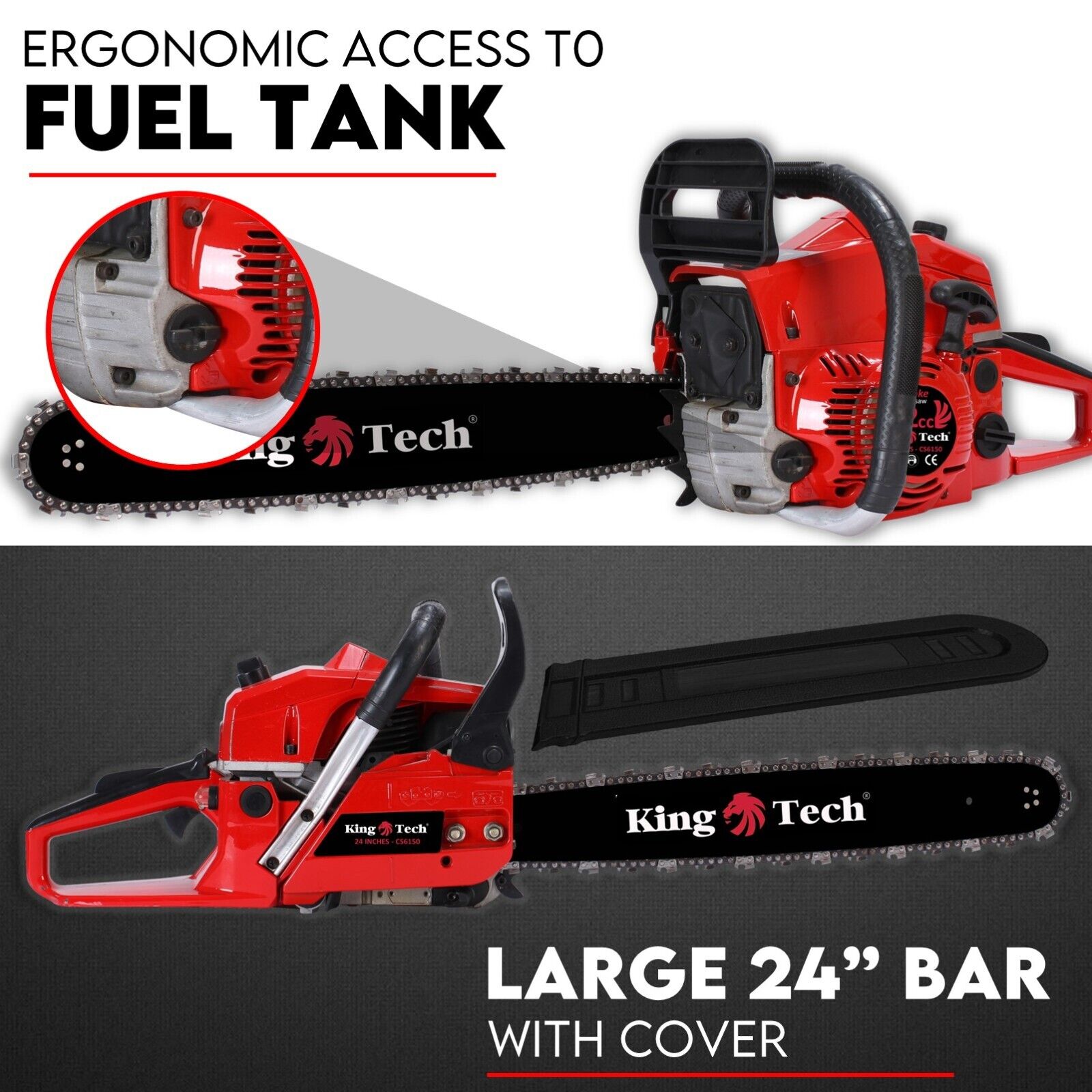 A red and black 24" chainsaw with a 24-inch bar is shown, branded "King Tech" on the blade. This powerful Kingtech 72cc chainsaw also features a protective bar cover placed below it. The text at the top reads, "Commercial Petrol Chainsaw 24” Bar Chain Saw Tree Pruning Top Handle" in bold letters.