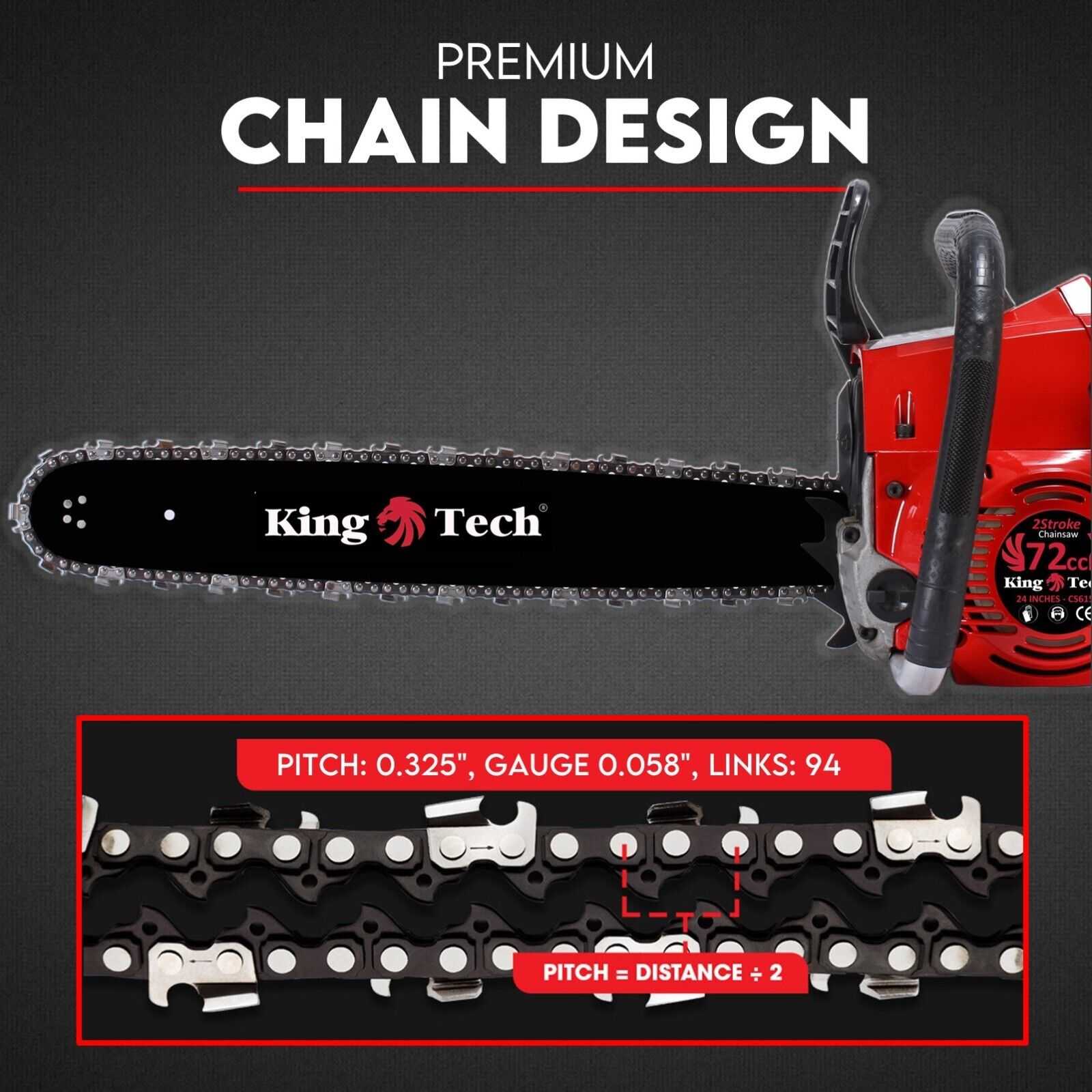 A red and black 24" chainsaw with a 24-inch bar is shown, branded "King Tech" on the blade. This powerful Kingtech 72cc chainsaw also features a protective bar cover placed below it. The text at the top reads, "Commercial Petrol Chainsaw 24” Bar Chain Saw Tree Pruning Top Handle" in bold letters.