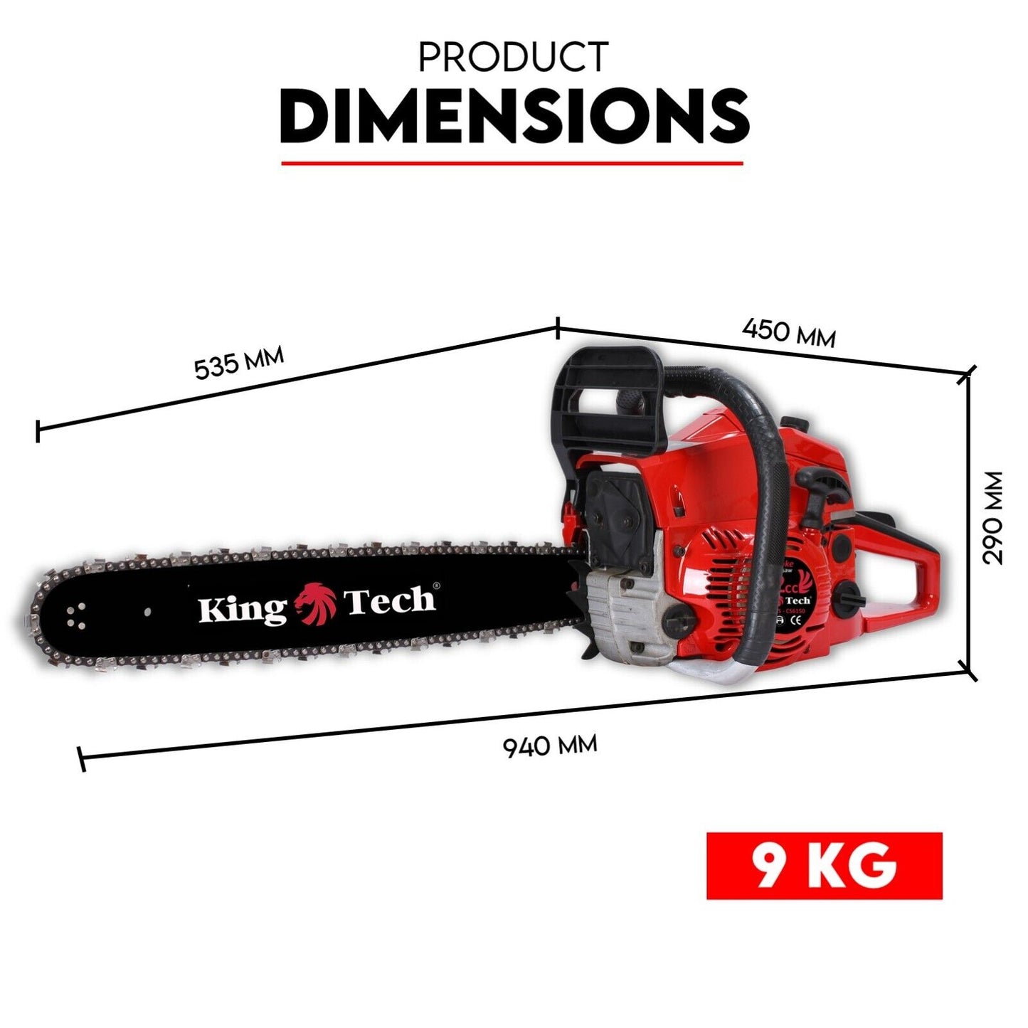 A red and black 24" chainsaw with a 24-inch bar is shown, branded "King Tech" on the blade. This powerful Kingtech 72cc chainsaw also features a protective bar cover placed below it. The text at the top reads, "Commercial Petrol Chainsaw 24” Bar Chain Saw Tree Pruning Top Handle" in bold letters.