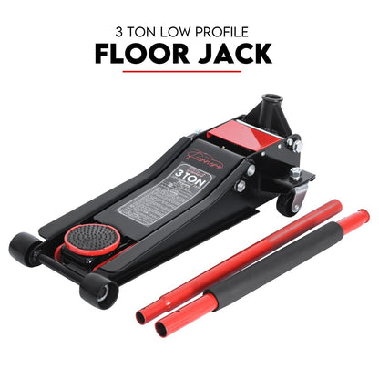 Image of a low profile trolley jack with a 3-ton capacity. The jack is black with red accents, including two detachable red handles. The text "Hydraulic Floor Jack 3T Trolley Low Profile Car Track Quick Lifting 75-500mm" is seen at the top of the image. This hydraulic garage jack is perfect for any heavy lifting needs in your workshop.