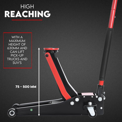 Image of a low profile trolley jack with a 3-ton capacity. The jack is black with red accents, including two detachable red handles. The text "Hydraulic Floor Jack 3T Trolley Low Profile Car Track Quick Lifting 75-500mm" is seen at the top of the image. This hydraulic garage jack is perfect for any heavy lifting needs in your workshop.