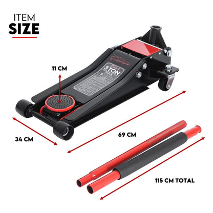 Image of a low profile trolley jack with a 3-ton capacity. The jack is black with red accents, including two detachable red handles. The text "Hydraulic Floor Jack 3T Trolley Low Profile Car Track Quick Lifting 75-500mm" is seen at the top of the image. This hydraulic garage jack is perfect for any heavy lifting needs in your workshop.