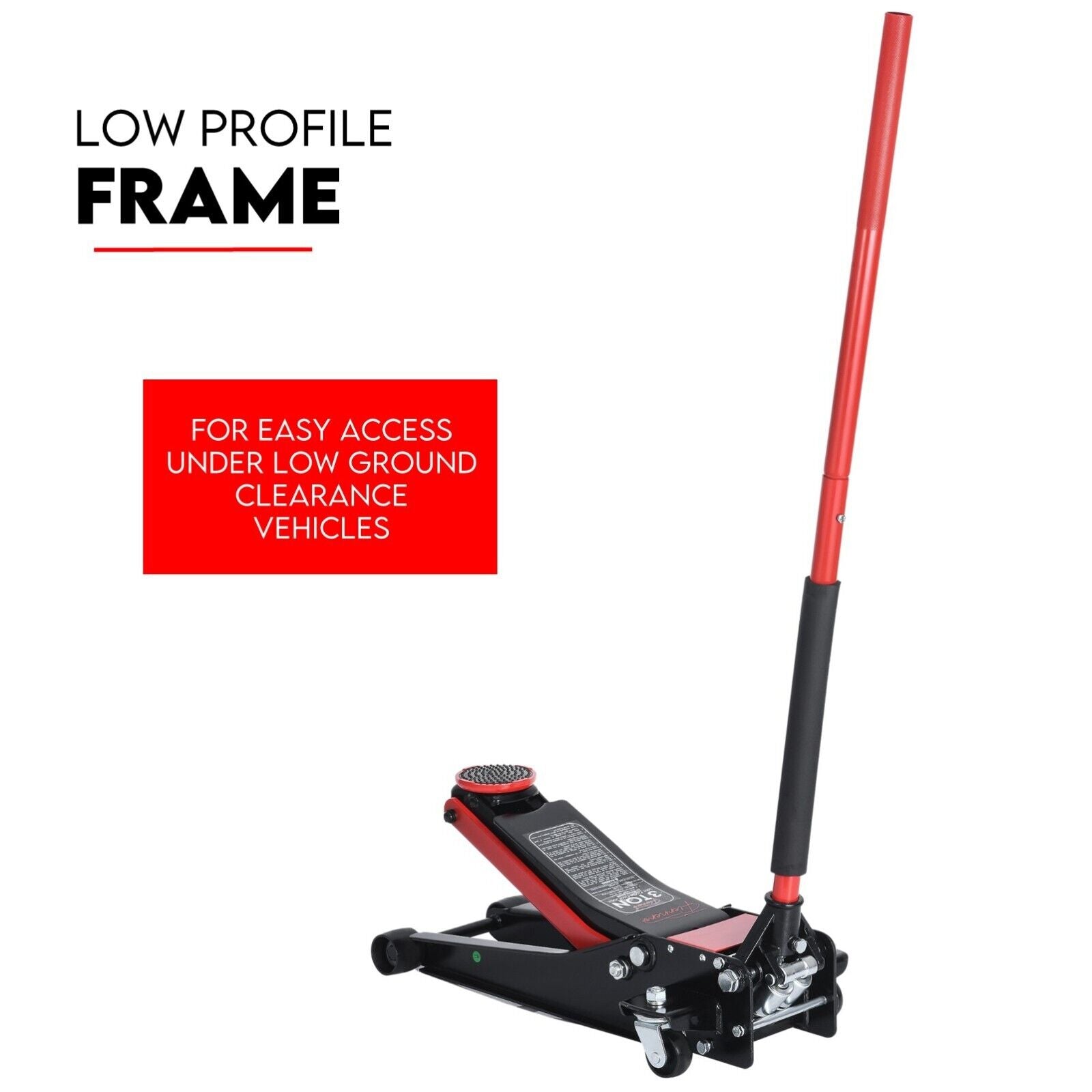 Image of a low profile trolley jack with a 3-ton capacity. The jack is black with red accents, including two detachable red handles. The text "Hydraulic Floor Jack 3T Trolley Low Profile Car Track Quick Lifting 75-500mm" is seen at the top of the image. This hydraulic garage jack is perfect for any heavy lifting needs in your workshop.