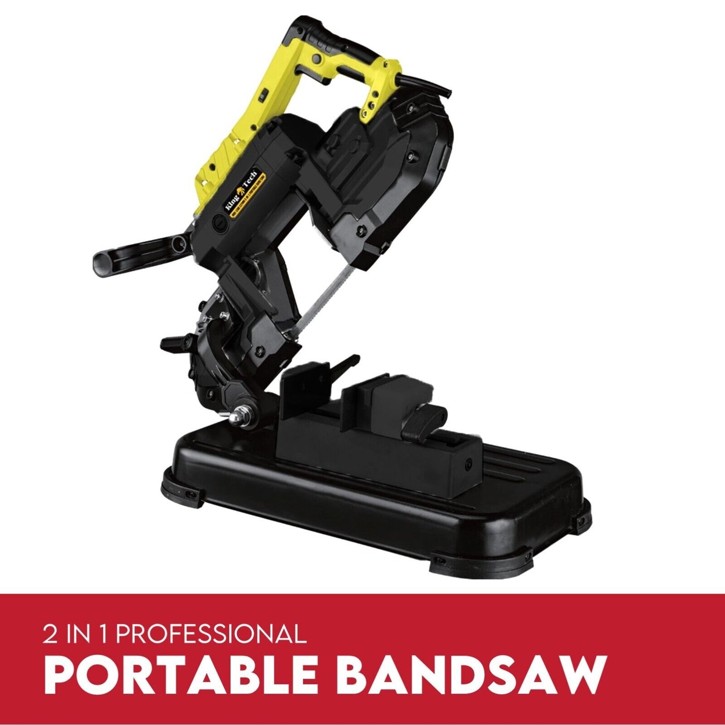 The Portable Band Saw Cold Cut Metal Cut Off Chop Bandsaw 127mm, a professional-grade tool for cutting metal, features a powerful 1200 W engine. It showcases an elegant black and yellow design and is mounted on a robust black base. The saw includes a powered handle and an electric cord, while the base is equipped with an adjustable clamp for securely holding materials during cutting.