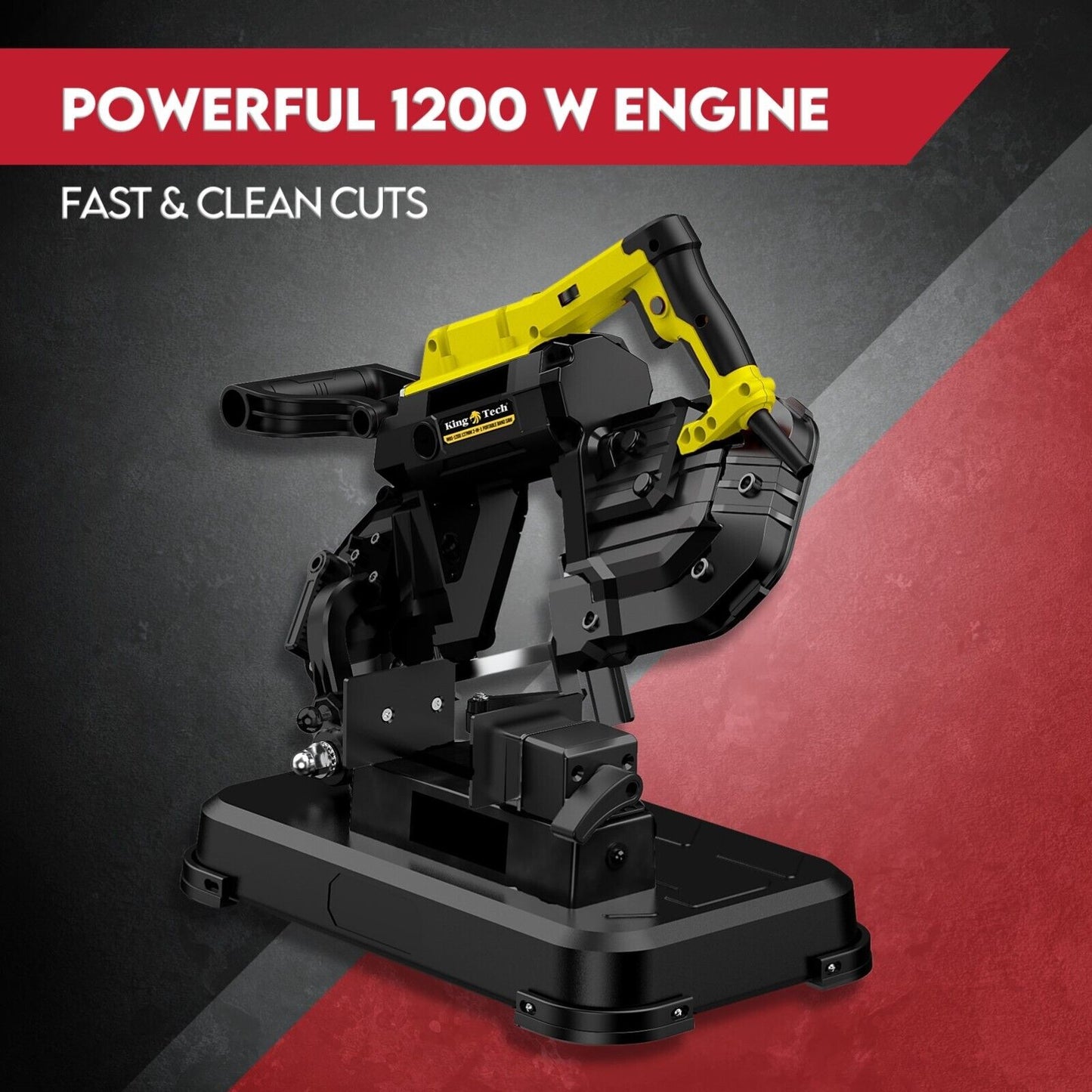 The Portable Band Saw Cold Cut Metal Cut Off Chop Bandsaw 127mm, a professional-grade tool for cutting metal, features a powerful 1200 W engine. It showcases an elegant black and yellow design and is mounted on a robust black base. The saw includes a powered handle and an electric cord, while the base is equipped with an adjustable clamp for securely holding materials during cutting.