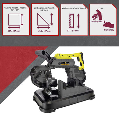 The Portable Band Saw Cold Cut Metal Cut Off Chop Bandsaw 127mm, a professional-grade tool for cutting metal, features a powerful 1200 W engine. It showcases an elegant black and yellow design and is mounted on a robust black base. The saw includes a powered handle and an electric cord, while the base is equipped with an adjustable clamp for securely holding materials during cutting.