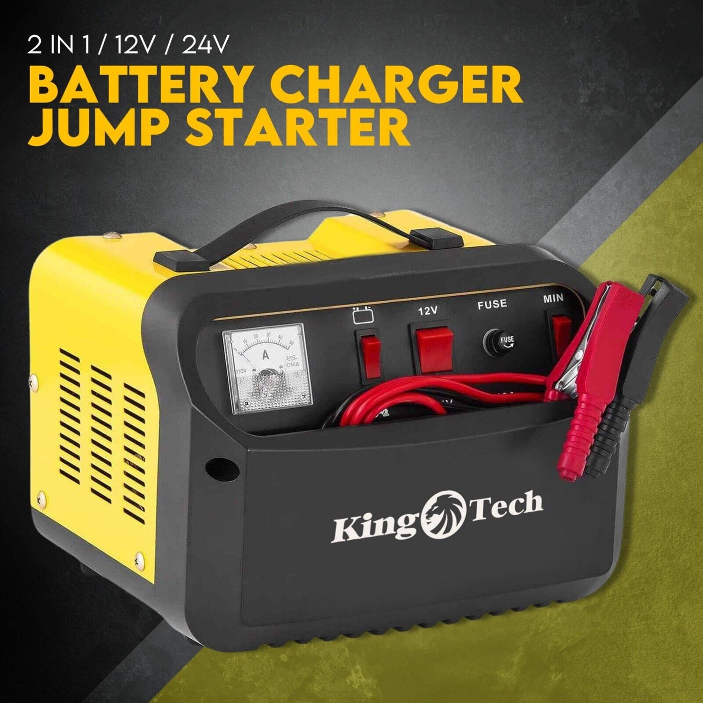 The image displays a yellow and black 2IN1 Car Battery Charger Jump Starter 12V 24V 40A ATV Boat Tractor by KingTech against a dark background. It includes a meter, options for charging at both 12V and 24V, jumper cables, and pulse battery repair modes. The text on the image reads, "2 IN 1 / 12V / 24V BATTERY CHARGER JUMP STARTER.