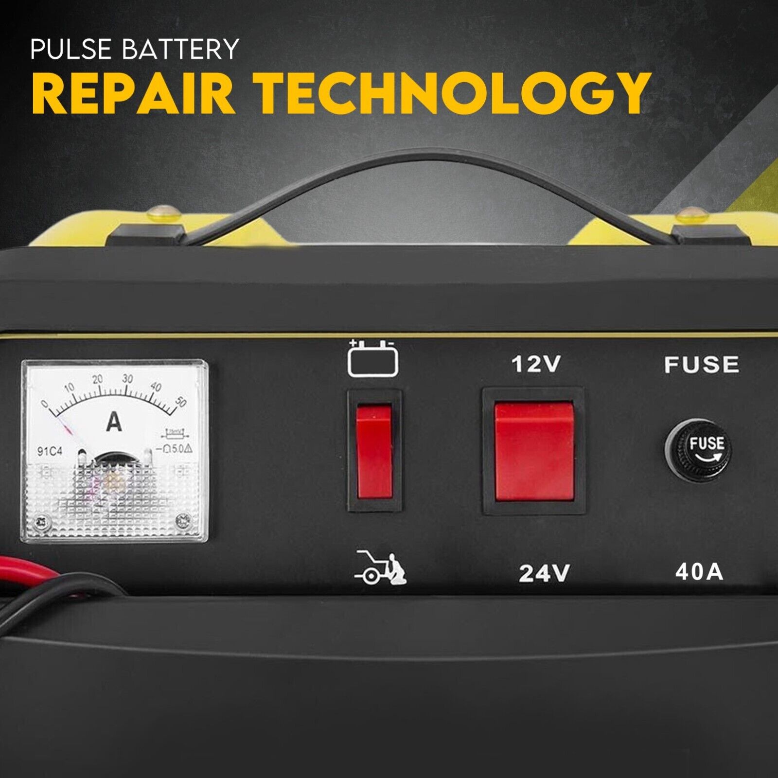 The image displays a yellow and black 2IN1 Car Battery Charger Jump Starter 12V 24V 40A ATV Boat Tractor by KingTech against a dark background. It includes a meter, options for charging at both 12V and 24V, jumper cables, and pulse battery repair modes. The text on the image reads, "2 IN 1 / 12V / 24V BATTERY CHARGER JUMP STARTER.