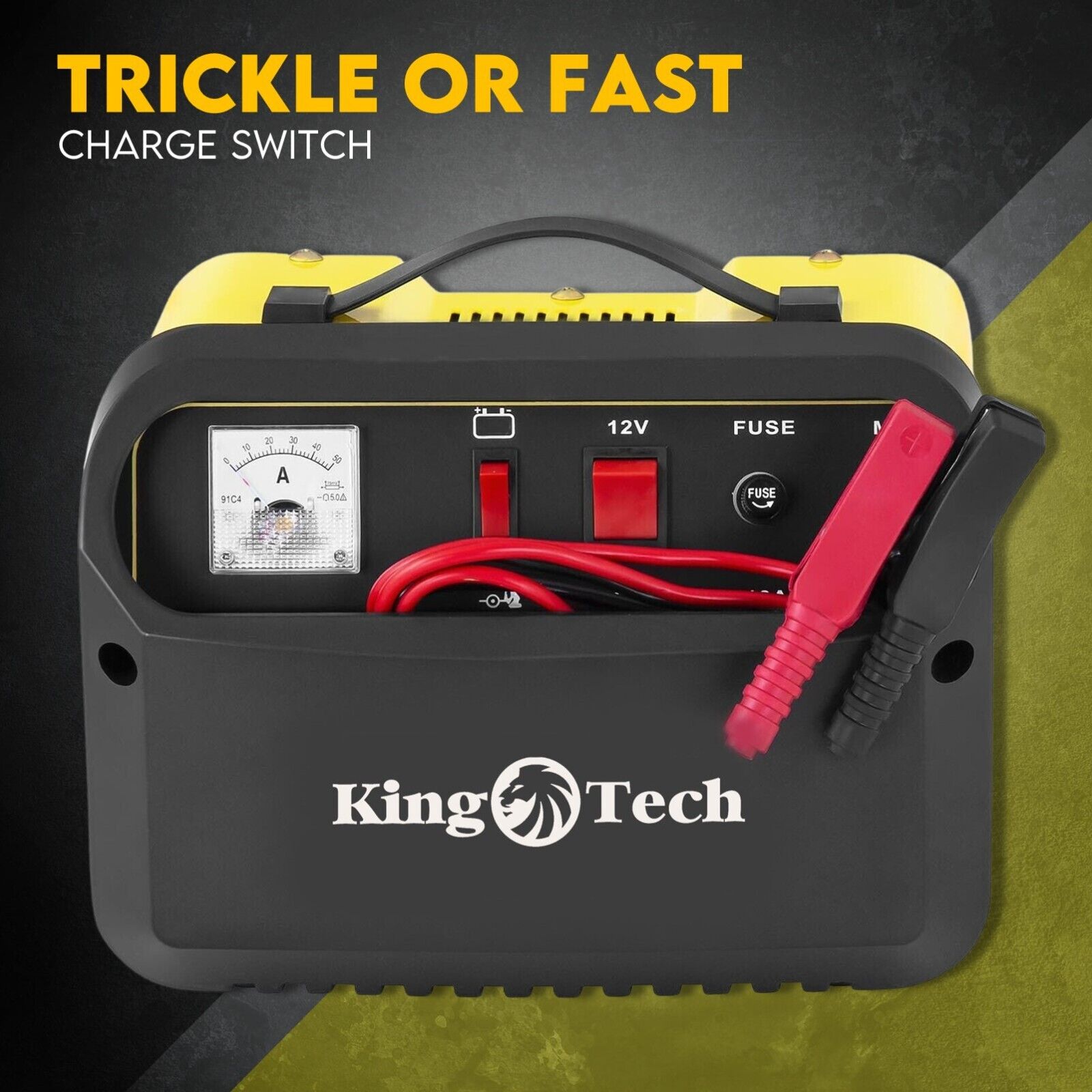 The image displays a yellow and black 2IN1 Car Battery Charger Jump Starter 12V 24V 40A ATV Boat Tractor by KingTech against a dark background. It includes a meter, options for charging at both 12V and 24V, jumper cables, and pulse battery repair modes. The text on the image reads, "2 IN 1 / 12V / 24V BATTERY CHARGER JUMP STARTER.