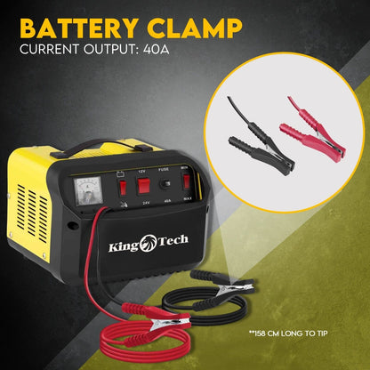 The image displays a yellow and black 2IN1 Car Battery Charger Jump Starter 12V 24V 40A ATV Boat Tractor by KingTech against a dark background. It includes a meter, options for charging at both 12V and 24V, jumper cables, and pulse battery repair modes. The text on the image reads, "2 IN 1 / 12V / 24V BATTERY CHARGER JUMP STARTER.