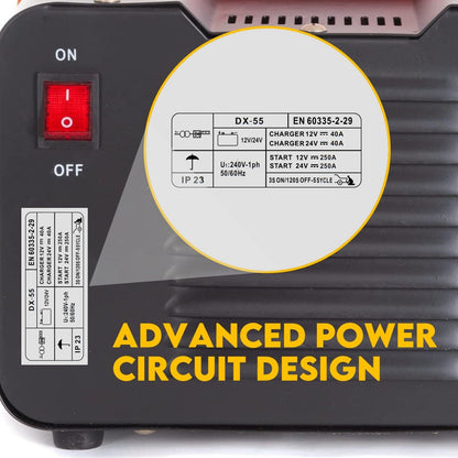 The image displays a yellow and black 2IN1 Car Battery Charger Jump Starter 12V 24V 40A ATV Boat Tractor by KingTech against a dark background. It includes a meter, options for charging at both 12V and 24V, jumper cables, and pulse battery repair modes. The text on the image reads, "2 IN 1 / 12V / 24V BATTERY CHARGER JUMP STARTER.