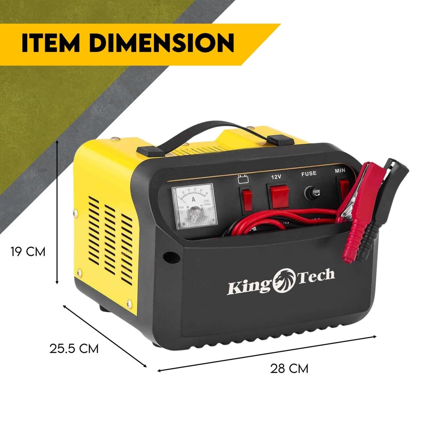 The image displays a yellow and black 2IN1 Car Battery Charger Jump Starter 12V 24V 40A ATV Boat Tractor by KingTech against a dark background. It includes a meter, options for charging at both 12V and 24V, jumper cables, and pulse battery repair modes. The text on the image reads, "2 IN 1 / 12V / 24V BATTERY CHARGER JUMP STARTER.