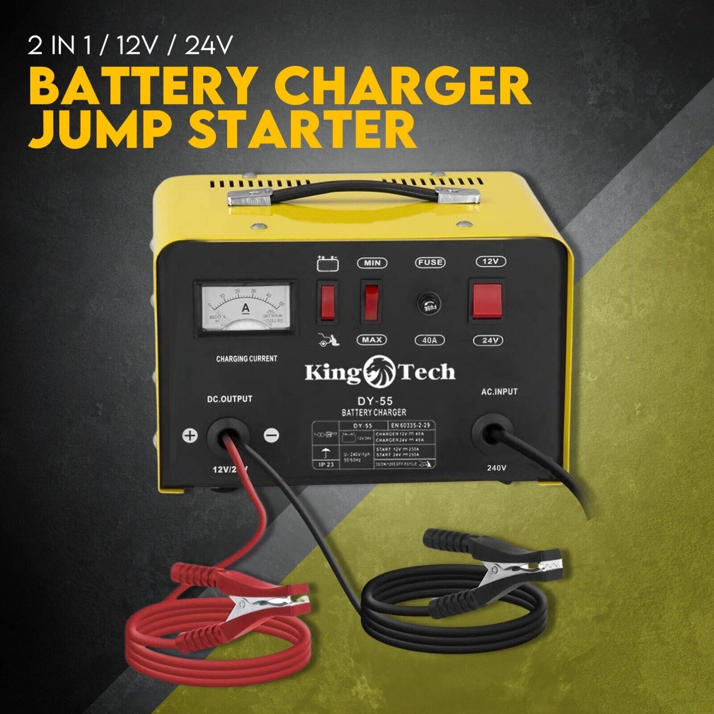 Image of a yellow and black Kingtech 2in1 Battery Charger Jump Starter New Dual Heavy Duty Car Charger 40Amp with red and black clamps attached. Labels indicate it works with 12V and 24V batteries. Featuring advanced pulse rectifier technology, it includes buttons and indicators for charging current, min/max settings, fuse, and battery selection.