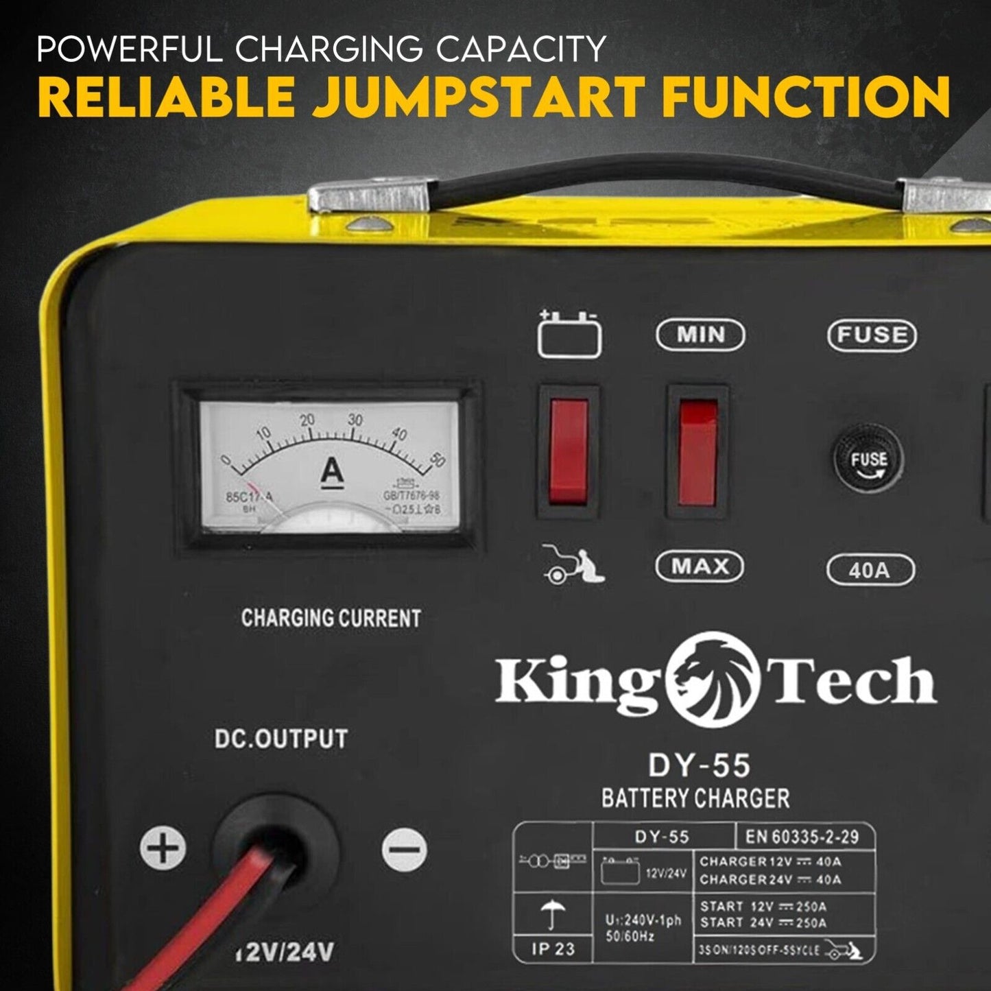 Image of a yellow and black Kingtech 2in1 Battery Charger Jump Starter New Dual Heavy Duty Car Charger 40Amp with red and black clamps attached. Labels indicate it works with 12V and 24V batteries. Featuring advanced pulse rectifier technology, it includes buttons and indicators for charging current, min/max settings, fuse, and battery selection.