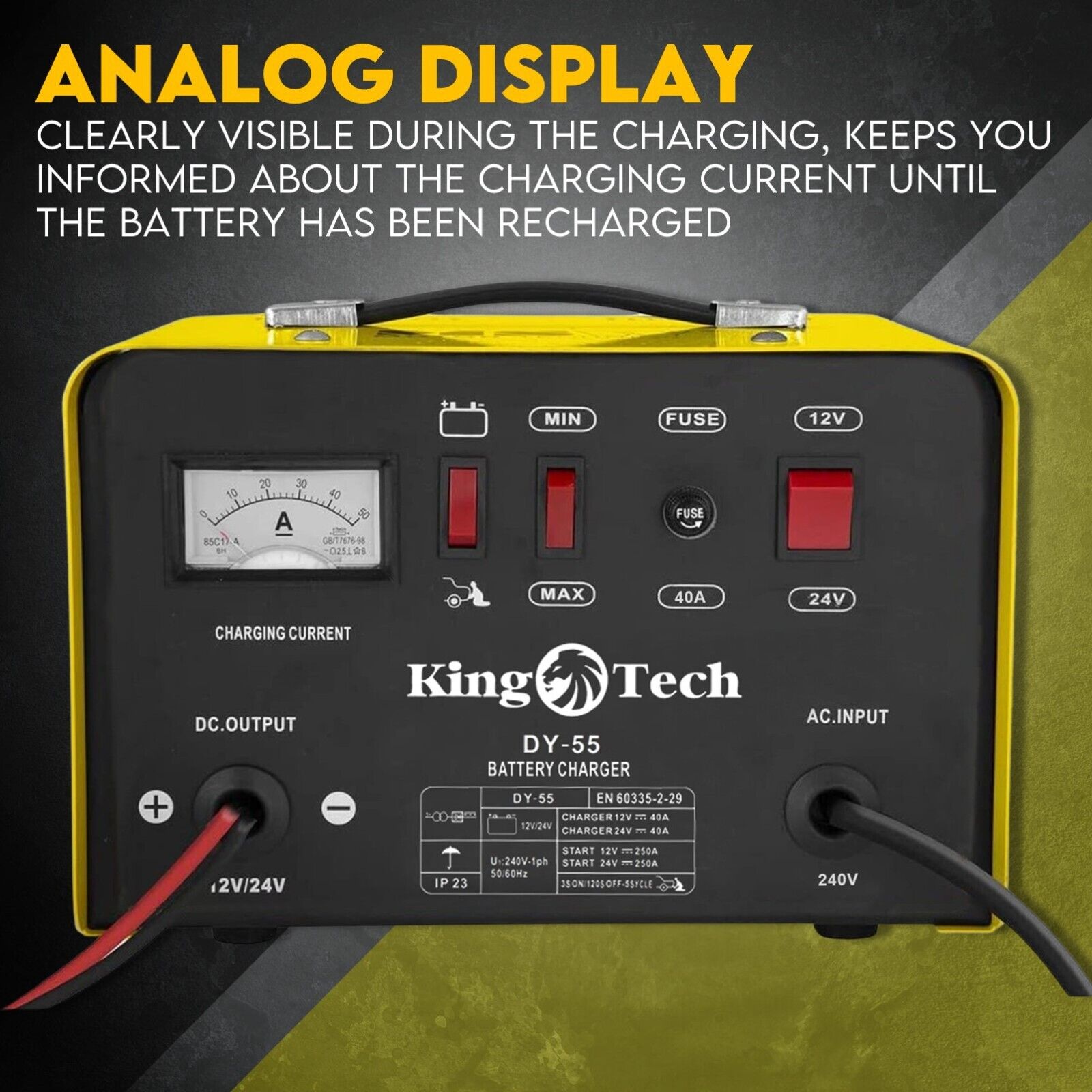 Image of a yellow and black Kingtech 2in1 Battery Charger Jump Starter New Dual Heavy Duty Car Charger 40Amp with red and black clamps attached. Labels indicate it works with 12V and 24V batteries. Featuring advanced pulse rectifier technology, it includes buttons and indicators for charging current, min/max settings, fuse, and battery selection.