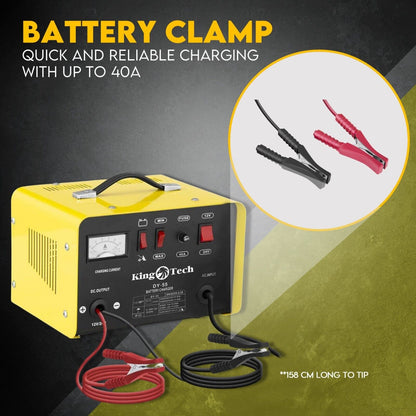 Image of a yellow and black Kingtech 2in1 Battery Charger Jump Starter New Dual Heavy Duty Car Charger 40Amp with red and black clamps attached. Labels indicate it works with 12V and 24V batteries. Featuring advanced pulse rectifier technology, it includes buttons and indicators for charging current, min/max settings, fuse, and battery selection.