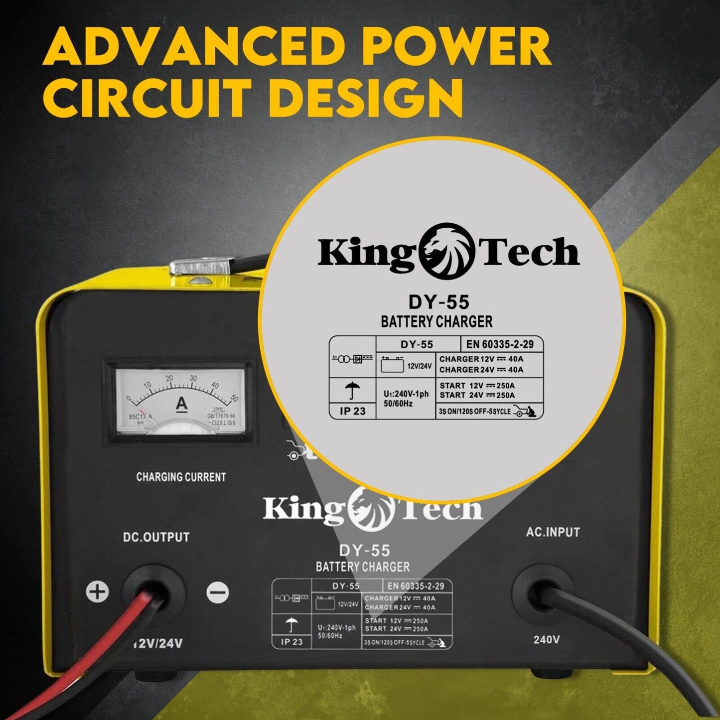 Image of a yellow and black Kingtech 2in1 Battery Charger Jump Starter New Dual Heavy Duty Car Charger 40Amp with red and black clamps attached. Labels indicate it works with 12V and 24V batteries. Featuring advanced pulse rectifier technology, it includes buttons and indicators for charging current, min/max settings, fuse, and battery selection.