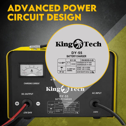 Image of a yellow and black Kingtech 2in1 Battery Charger Jump Starter New Dual Heavy Duty Car Charger 40Amp with red and black clamps attached. Labels indicate it works with 12V and 24V batteries. Featuring advanced pulse rectifier technology, it includes buttons and indicators for charging current, min/max settings, fuse, and battery selection.