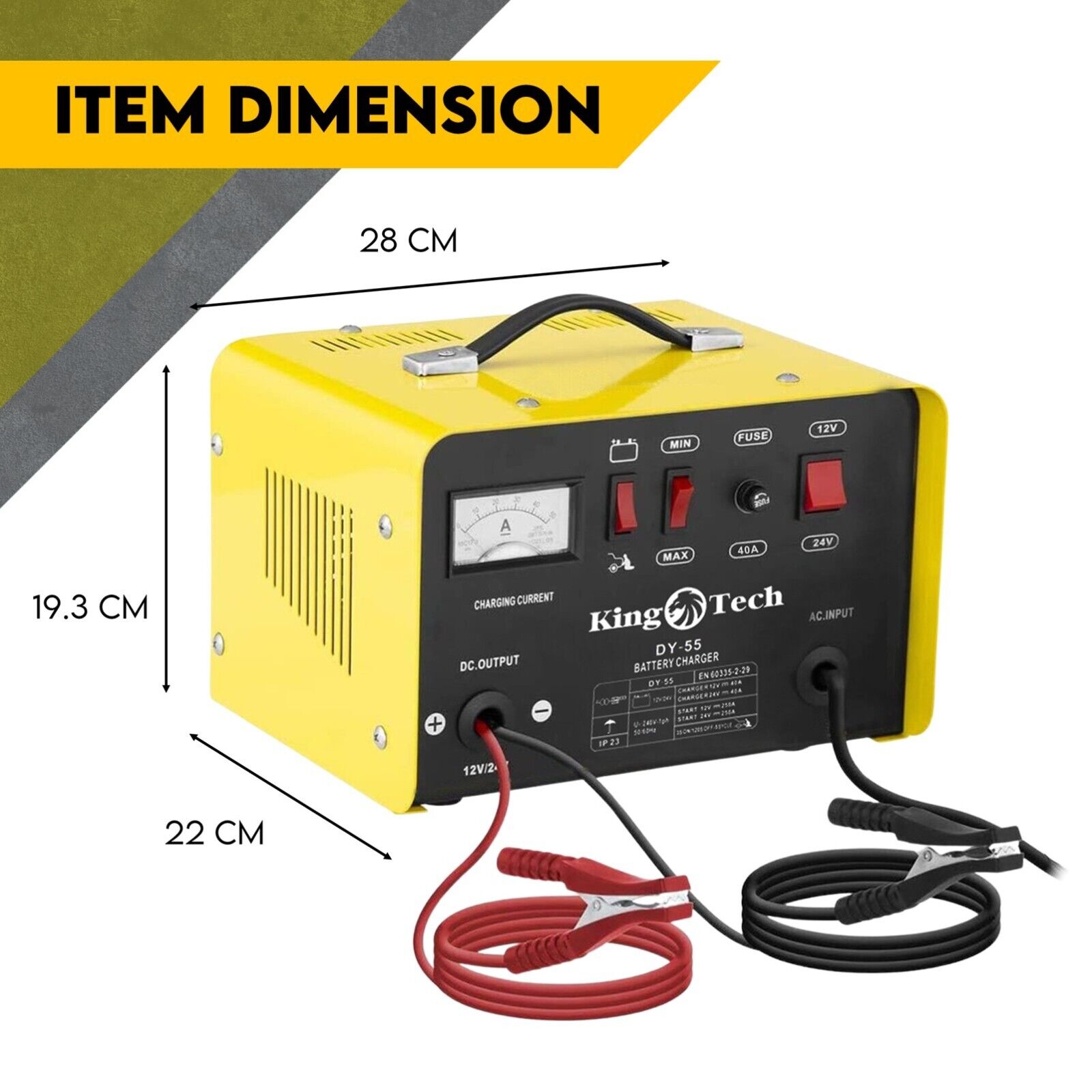 Image of a yellow and black Kingtech 2in1 Battery Charger Jump Starter New Dual Heavy Duty Car Charger 40Amp with red and black clamps attached. Labels indicate it works with 12V and 24V batteries. Featuring advanced pulse rectifier technology, it includes buttons and indicators for charging current, min/max settings, fuse, and battery selection.