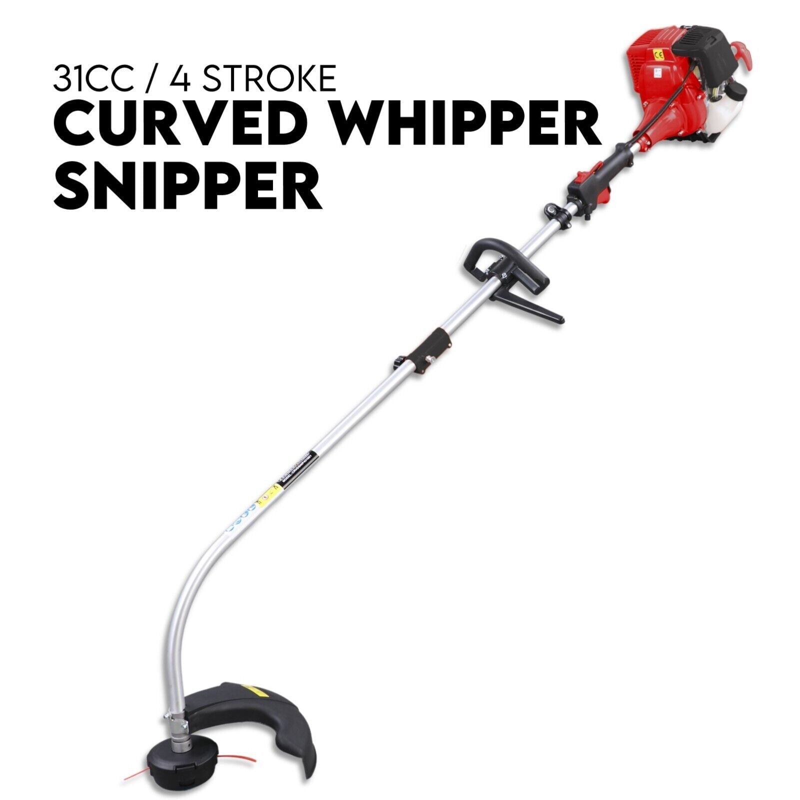 Image of a Kingtech 31cc 4 Stroke Cordless Grass Trimmer with a curved shaft. The body is red and black, and the handle is positioned for easy use. The text on the image reads: "31CC / 4 STROKE Curved Split Shaft Line Trimmer Garden Lawn Whipper Snipper.