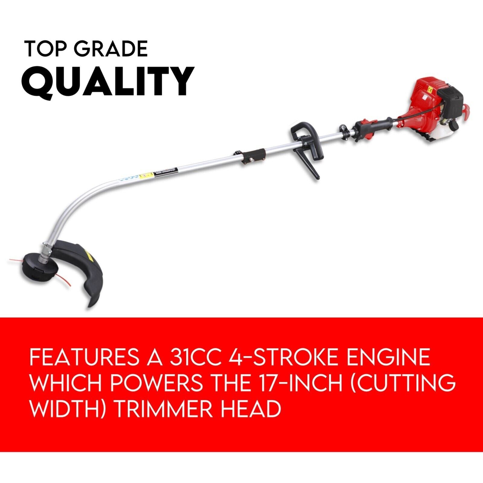 Image of a Kingtech 31cc 4 Stroke Cordless Grass Trimmer with a curved shaft. The body is red and black, and the handle is positioned for easy use. The text on the image reads: "31CC / 4 STROKE Curved Split Shaft Line Trimmer Garden Lawn Whipper Snipper.