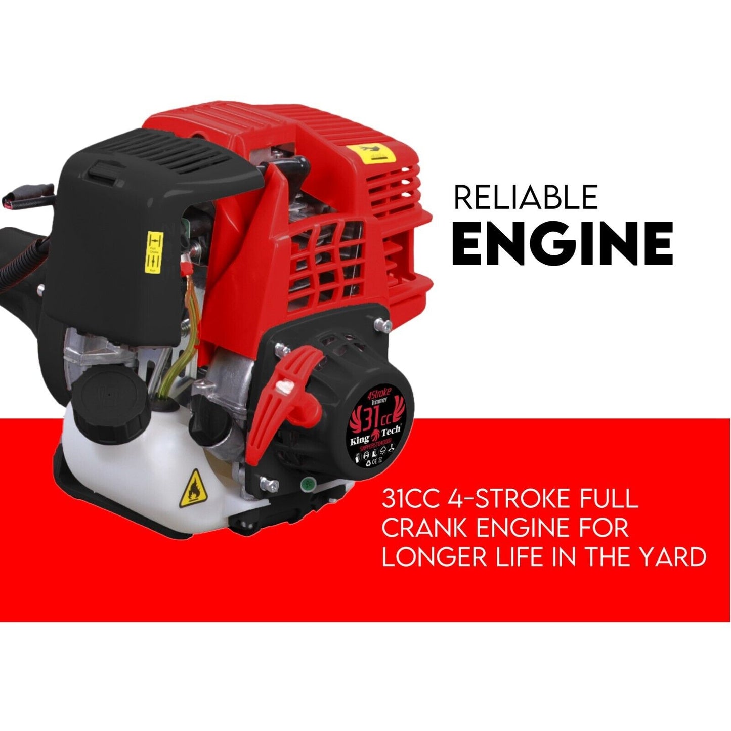 Image of a Kingtech 31cc 4 Stroke Cordless Grass Trimmer with a curved shaft. The body is red and black, and the handle is positioned for easy use. The text on the image reads: "31CC / 4 STROKE Curved Split Shaft Line Trimmer Garden Lawn Whipper Snipper.