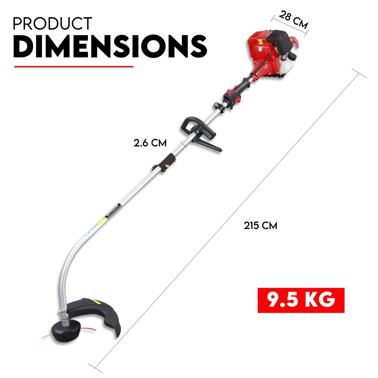 Image of a Kingtech 31cc 4 Stroke Cordless Grass Trimmer with a curved shaft. The body is red and black, and the handle is positioned for easy use. The text on the image reads: "31CC / 4 STROKE Curved Split Shaft Line Trimmer Garden Lawn Whipper Snipper.