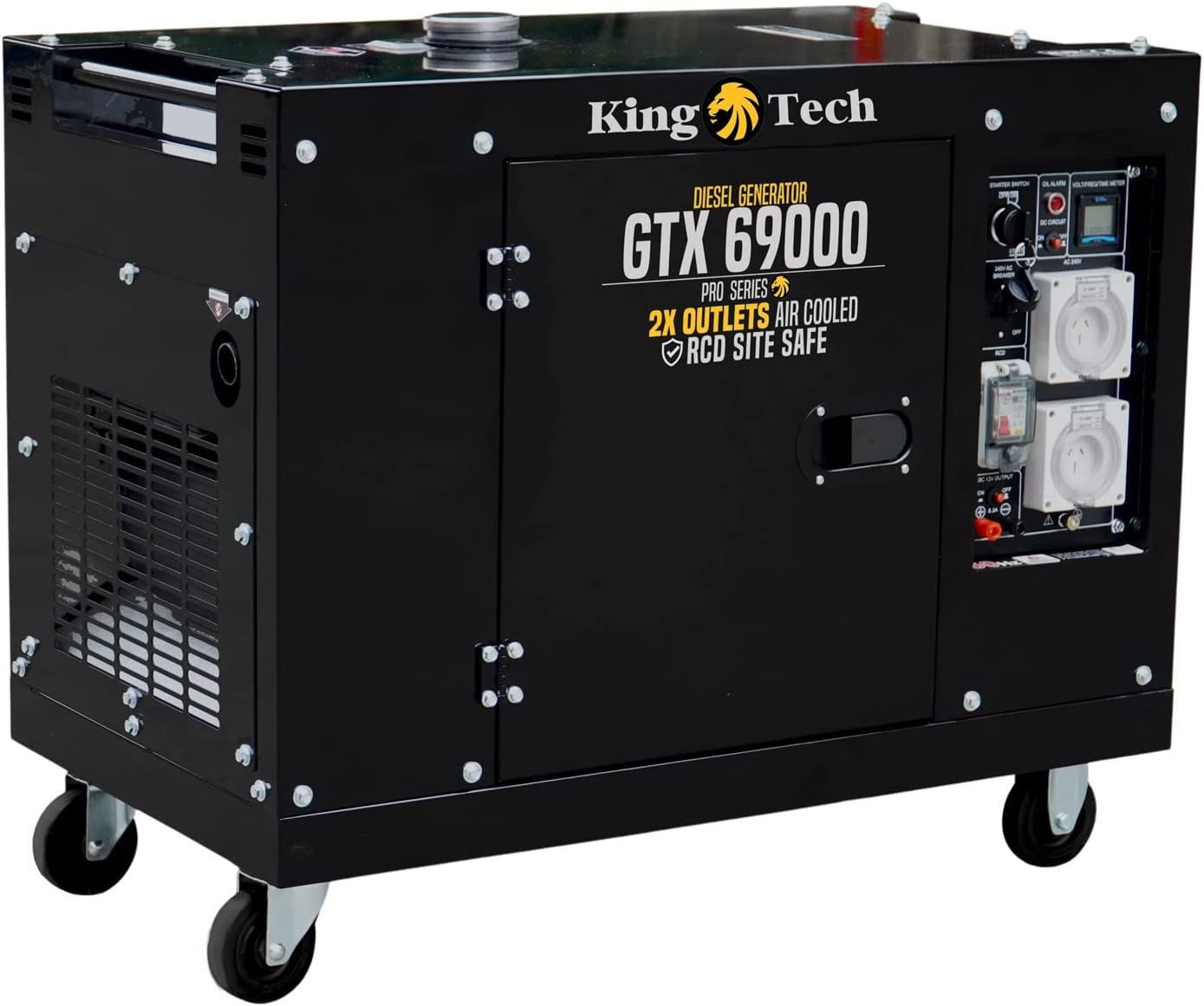 A black portable diesel generator labeled "KINGTECH 8.4kW Max 6kW Rated Diesel Generator Single Phase" featuring 2x IP66 power outlets, air-cooled, and RCD site safe. The generator has four wheels for mobility, control panels, ventilation grids on the sides, and a silent enclosure for quieter operation.