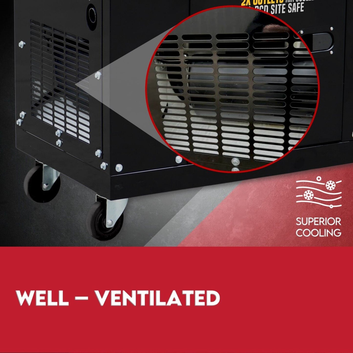 A black portable diesel generator labeled "KINGTECH 8.4kW Max 6kW Rated Diesel Generator Single Phase" featuring 2x IP66 power outlets, air-cooled, and RCD site safe. The generator has four wheels for mobility, control panels, ventilation grids on the sides, and a silent enclosure for quieter operation.