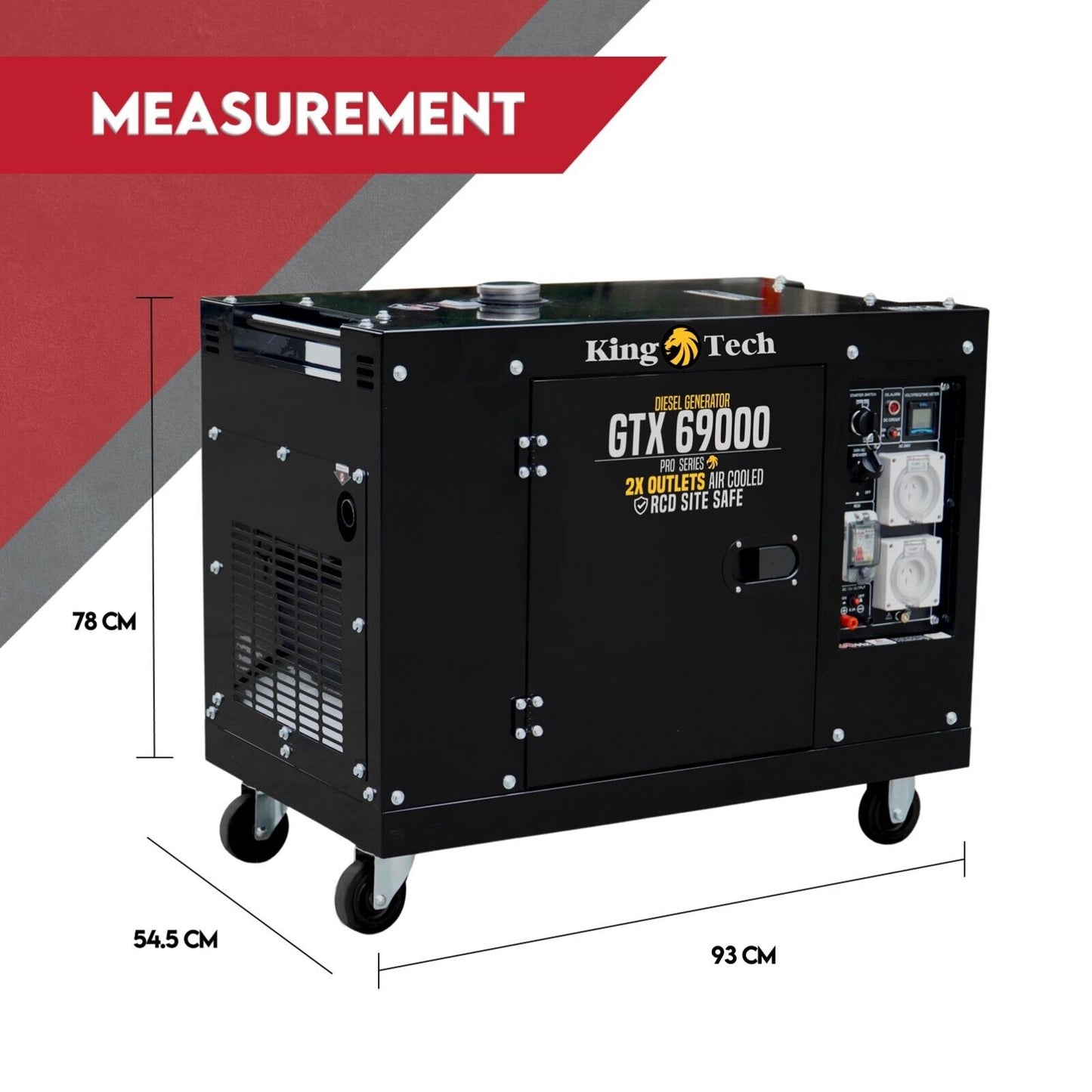 A black portable diesel generator labeled "KINGTECH 8.4kW Max 6kW Rated Diesel Generator Single Phase" featuring 2x IP66 power outlets, air-cooled, and RCD site safe. The generator has four wheels for mobility, control panels, ventilation grids on the sides, and a silent enclosure for quieter operation.