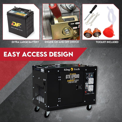 A black portable diesel generator labeled "KINGTECH 8.4kW Max 6kW Rated Diesel Generator Single Phase" featuring 2x IP66 power outlets, air-cooled, and RCD site safe. The generator has four wheels for mobility, control panels, ventilation grids on the sides, and a silent enclosure for quieter operation.