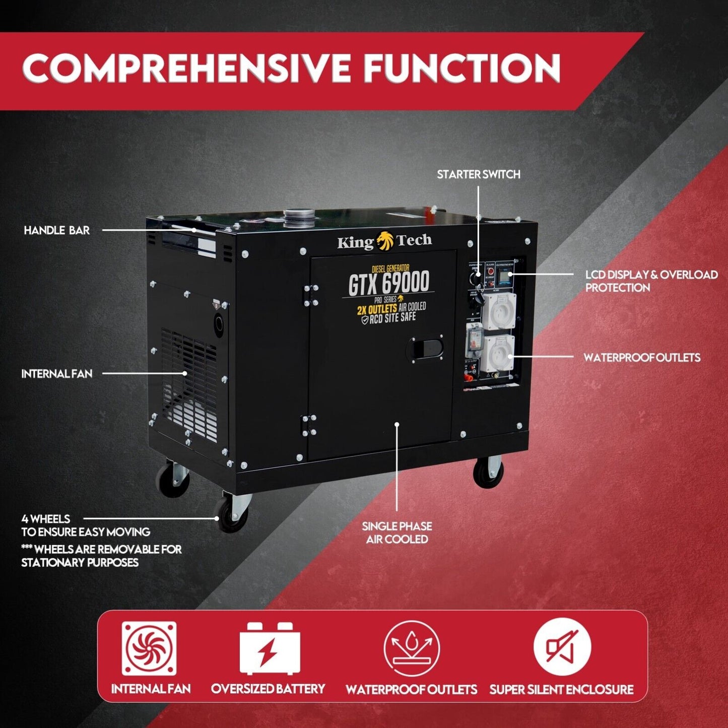 A black portable diesel generator labeled "KINGTECH 8.4kW Max 6kW Rated Diesel Generator Single Phase" featuring 2x IP66 power outlets, air-cooled, and RCD site safe. The generator has four wheels for mobility, control panels, ventilation grids on the sides, and a silent enclosure for quieter operation.